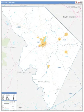 Marlboro County, SC Business Reference style ZIP Code wall map