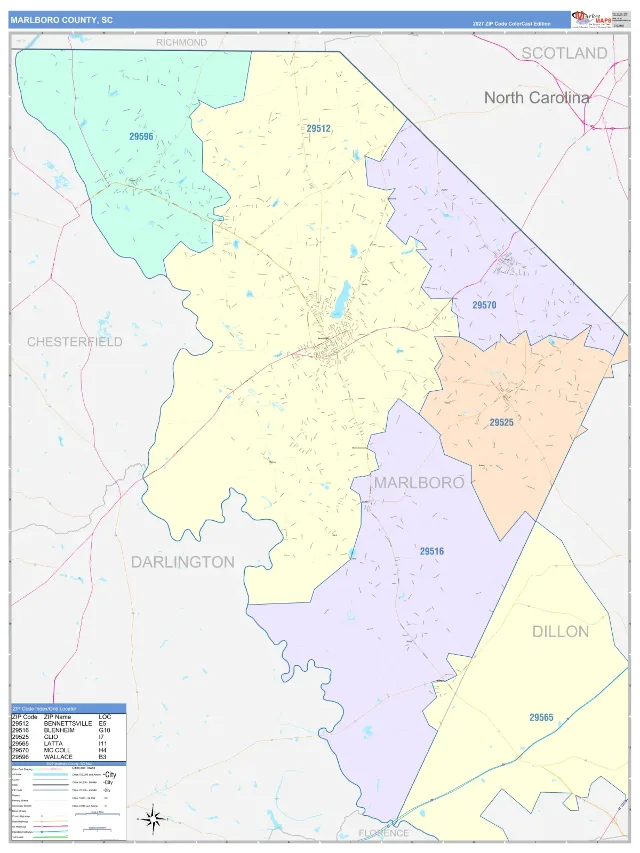 Marlboro County, SC ZIP Code Wall Map, ColorCast style