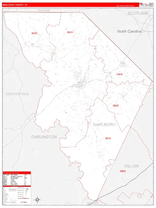 Marlboro County, SC RedLine style ZIP Code wall map