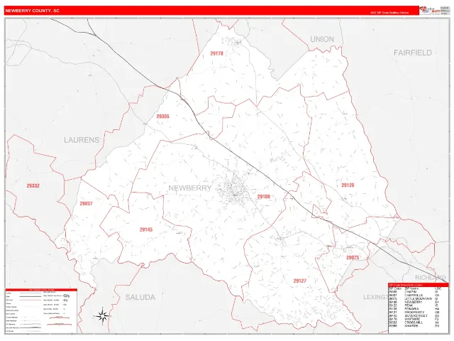 Newberry County, SC ZIP Code Wall Map, RedLine style