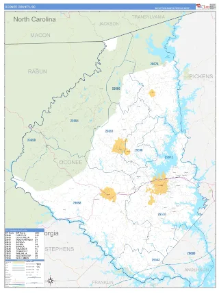 Oconee County, SC Business Reference style ZIP Code wall map