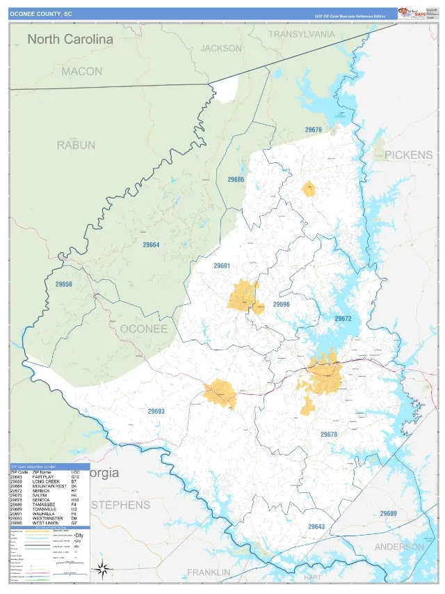 Oconee County, SC ZIP Code Wall Map, Business Reference style