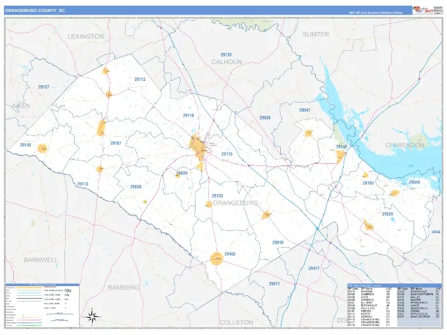 Orangeburg County, SC ZIP Code Wall Map, Business Reference style