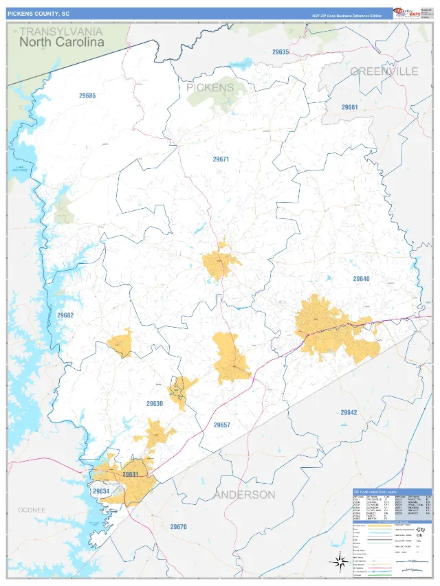 Pickens County, SC ZIP Code Wall Map, Business Reference style