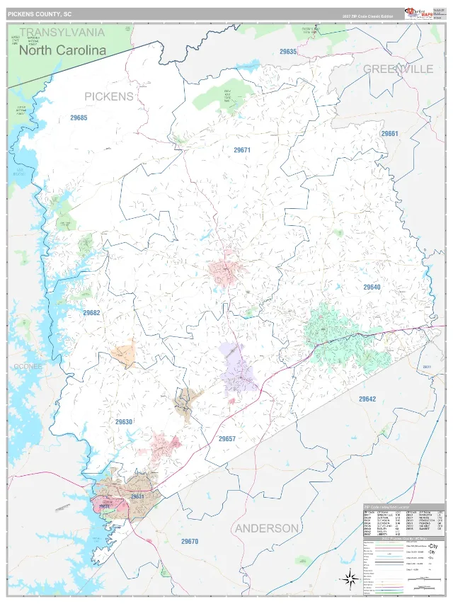 Pickens County, SC ZIP Code Wall Map, Classic style