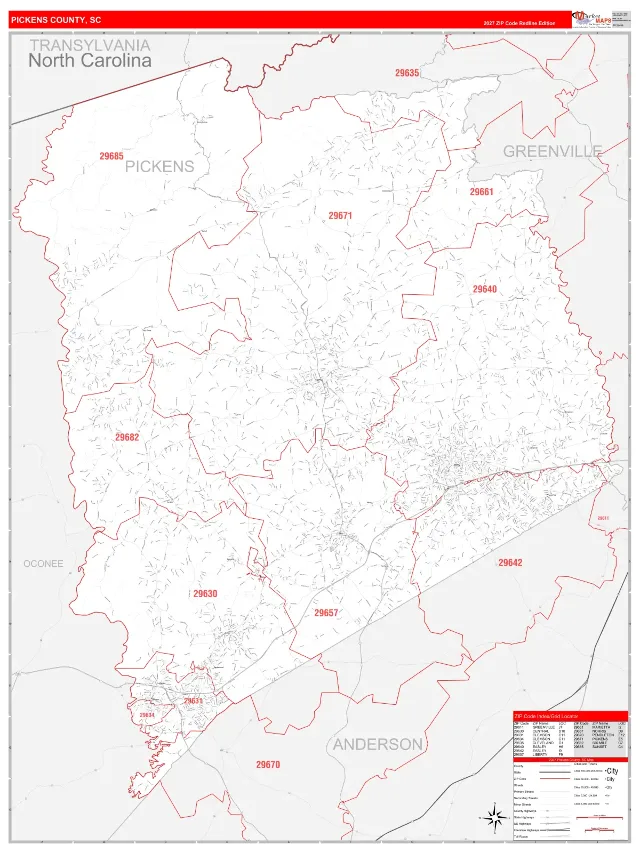 Pickens County, SC ZIP Code Wall Map, RedLine style