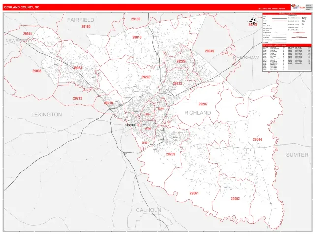 Richland County, SC ZIP Code Wall Map, RedLine style