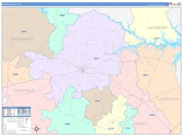 Saluda County, SC ZIP Code Wall Map, ColorCast style