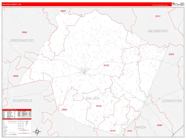 Saluda County, SC ZIP Code Wall Map, RedLine style