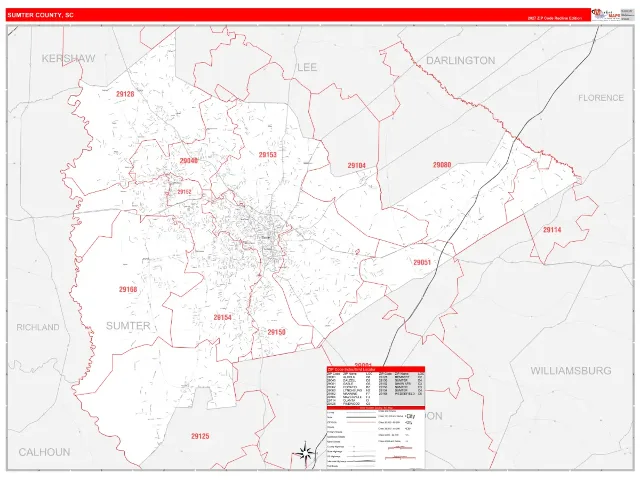 Sumter County, SC ZIP Code Wall Map, RedLine style