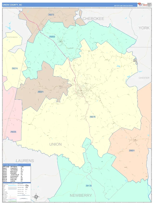 Union County, SC ZIP Code Wall Map, ColorCast style