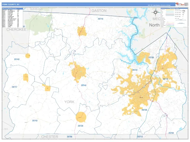 York County, SC ZIP Code Wall Map, Business Reference style
