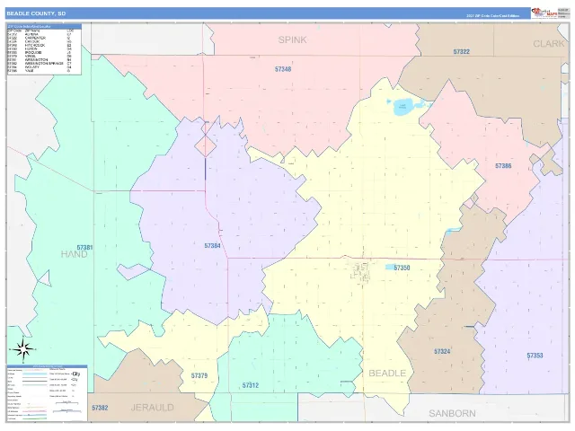 Beadle County, SD ZIP Code Wall Map, ColorCast style
