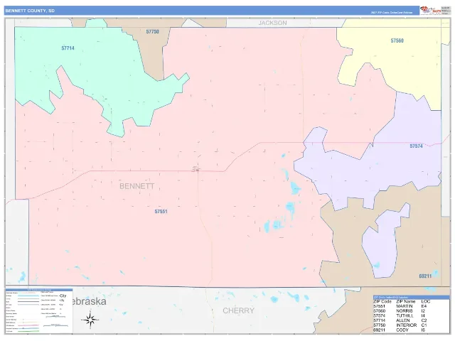 Bennett County, SD ZIP Code Wall Map, ColorCast style