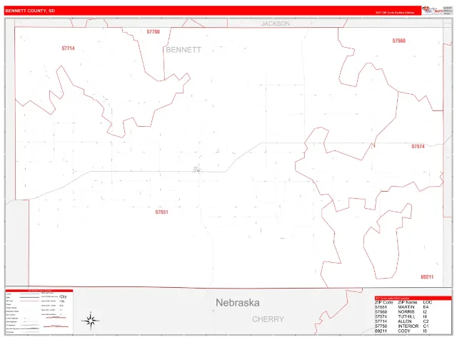 Bennett County, SD ZIP Code Wall Map, RedLine style