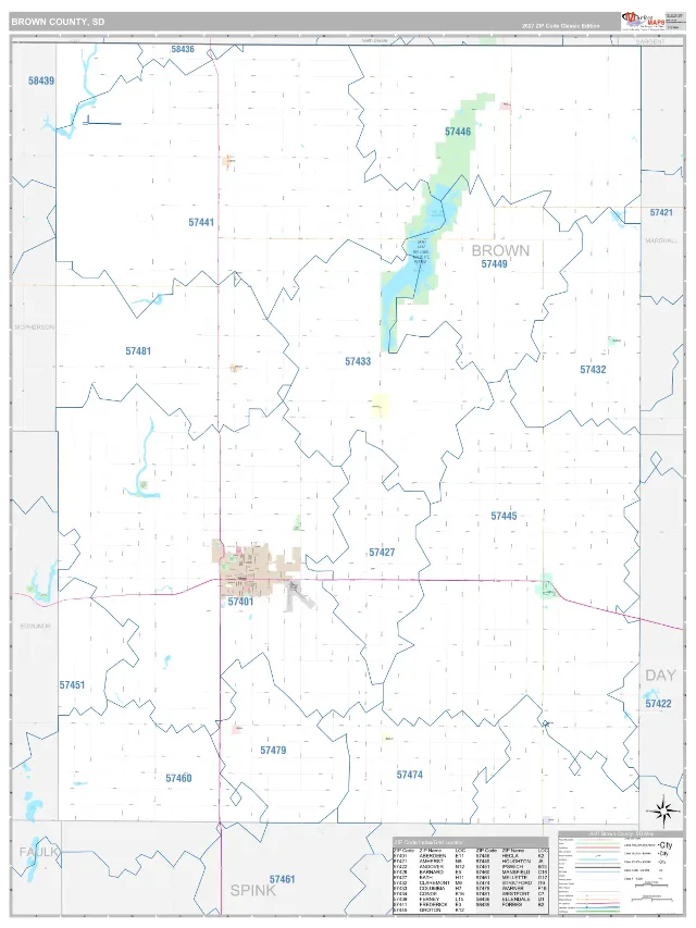 Brown County, SD ZIP Code Wall Map, Classic style