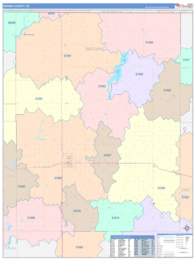 Brown County, SD ZIP Code Wall Map, ColorCast style