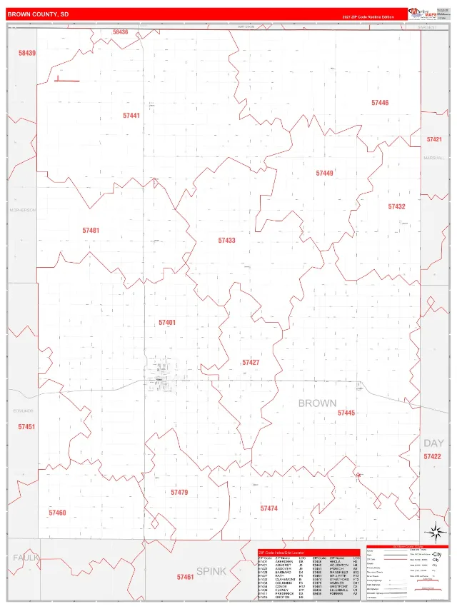 Brown County, SD ZIP Code Wall Map, RedLine style