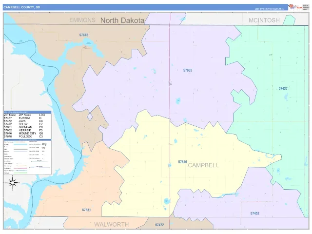 Campbell County, SD ZIP Code Wall Map, ColorCast style