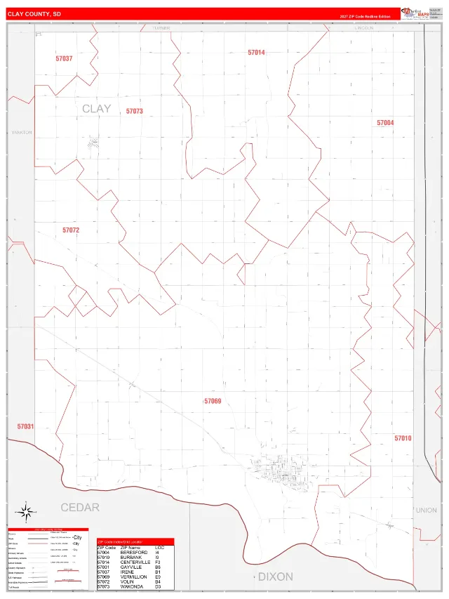 Clay County, SD ZIP Code Wall Map, RedLine style