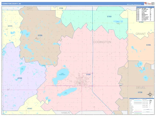 Codington County, SD ZIP Code Wall Map, ColorCast style