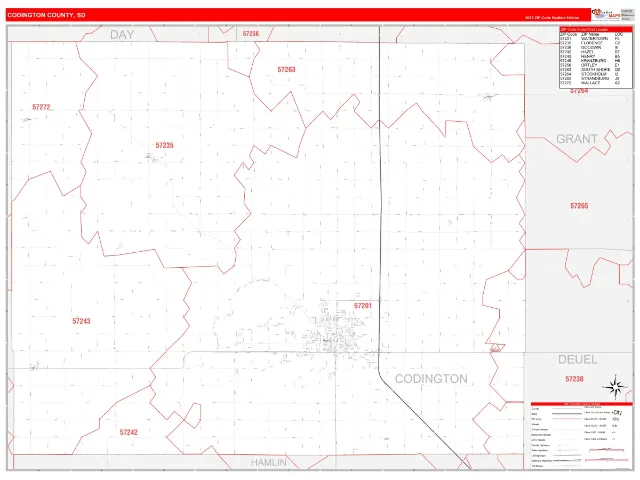 Codington County, SD ZIP Code Wall Map, RedLine style