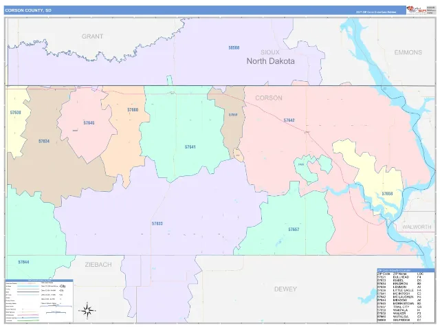 Corson County, SD ZIP Code Wall Map, ColorCast style