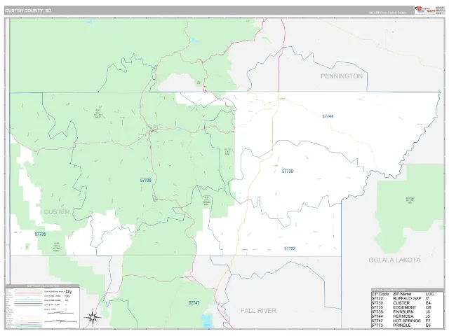 Custer County, SD ZIP Code Wall Map, Classic style