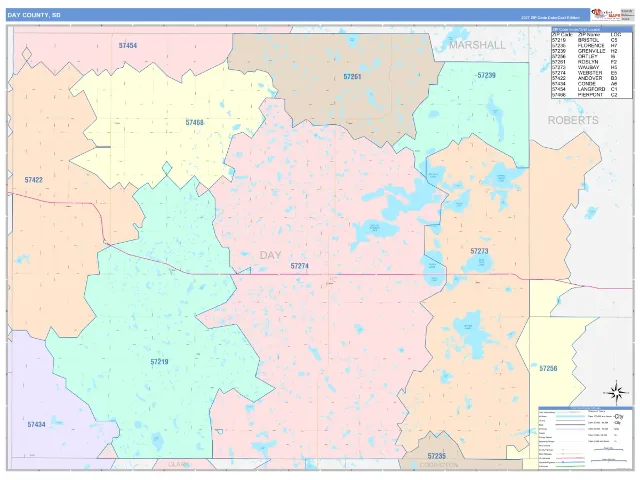 Day County, SD ZIP Code Wall Map, ColorCast style
