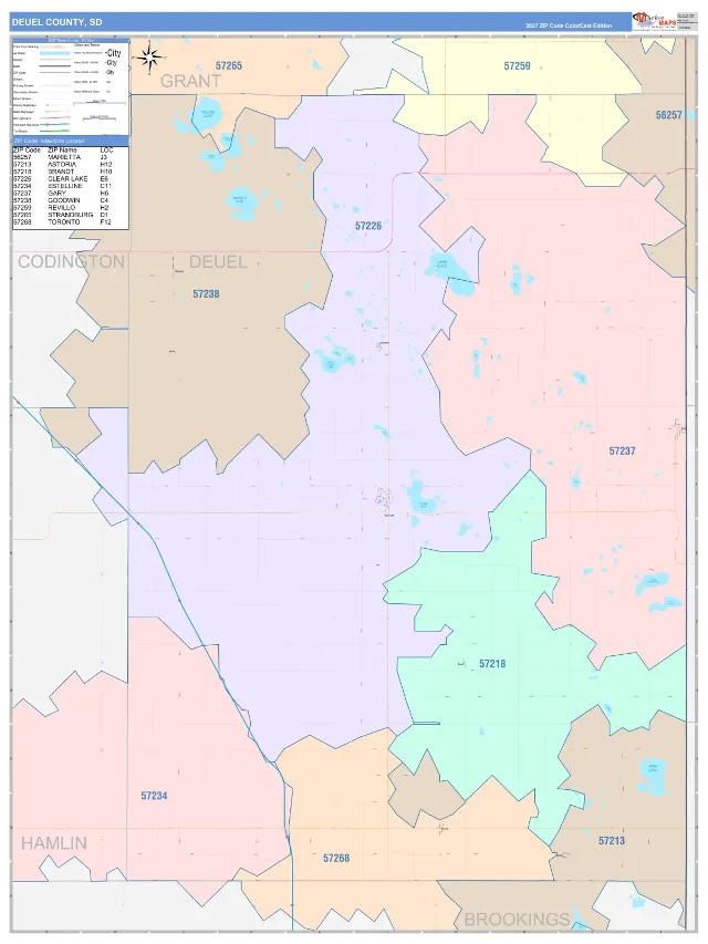 Deuel County, SD ZIP Code Wall Map, ColorCast style