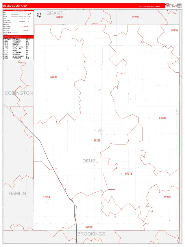 Deuel County, SD ZIP Code Wall Map, RedLine style