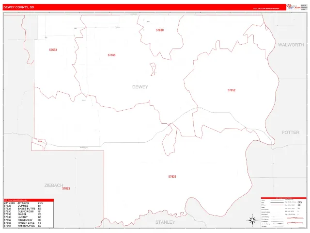 Dewey County, SD ZIP Code Wall Map, RedLine style