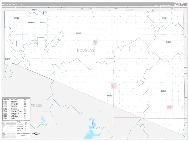 Douglas County, SD ZIP Code Wall Map, Classic style