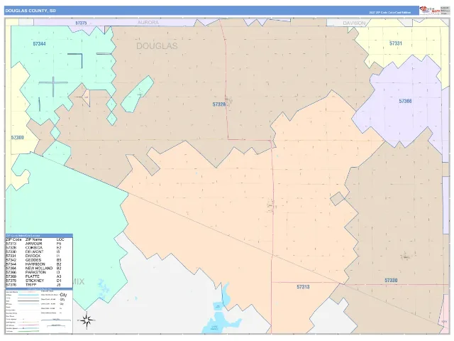 Douglas County, SD ZIP Code Wall Map, ColorCast style