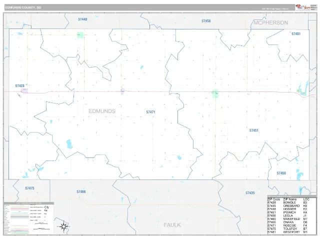 Edmunds County, SD ZIP Code Wall Map, Classic style