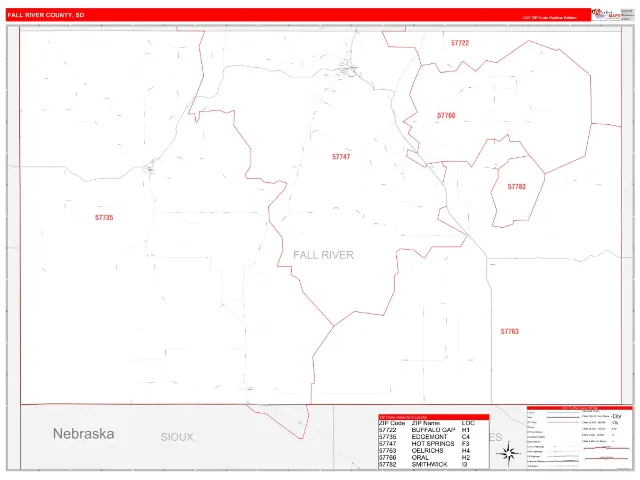 Fall River County, SD ZIP Code Wall Map, RedLine style