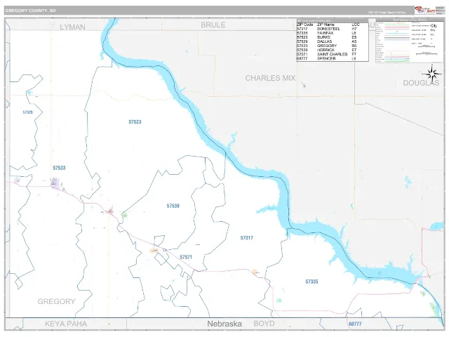 Gregory County, SD ZIP Code Wall Map, Classic style