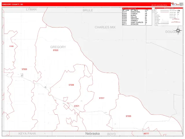 Gregory County, SD ZIP Code Wall Map, RedLine style