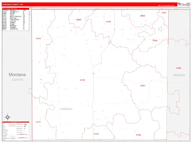 Harding County, SD ZIP Code Wall Map, RedLine style