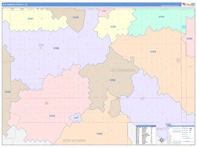 Hutchinson County, SD ZIP Code Wall Map, ColorCast style