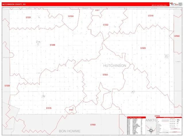 Hutchinson County, SD ZIP Code Wall Map, RedLine style