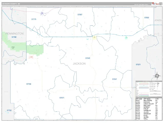 Jackson County, SD ZIP Code Wall Map, Classic style
