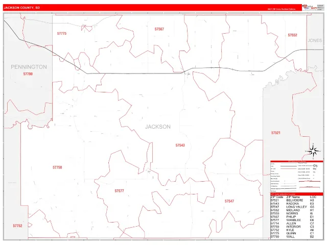 Jackson County, SD ZIP Code Wall Map, RedLine style
