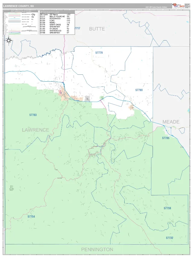 Lawrence County, SD ZIP Code Wall Map, Classic style