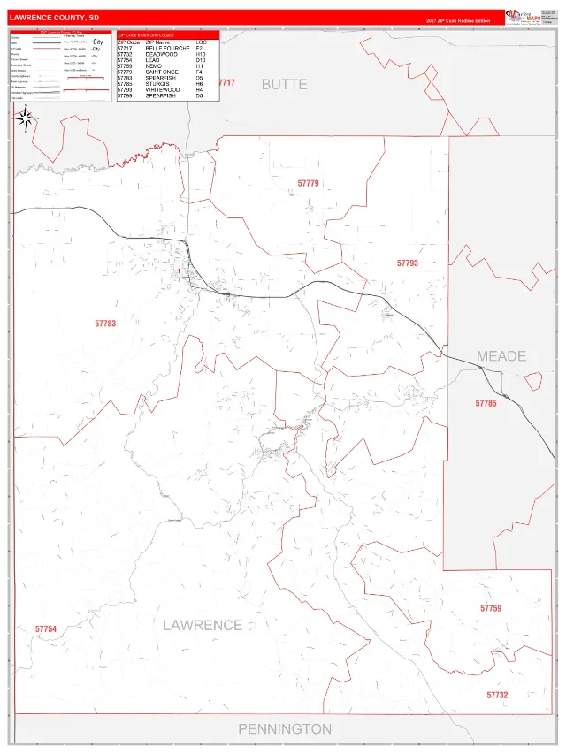 Lawrence County, SD ZIP Code Wall Map, RedLine style
