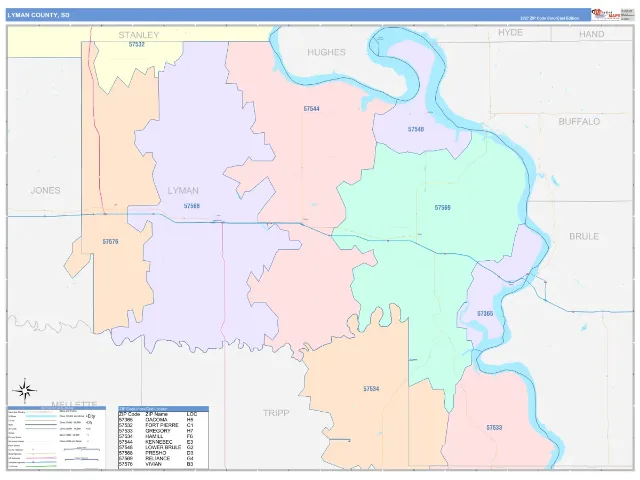 Lyman County, SD ZIP Code Wall Map, ColorCast style