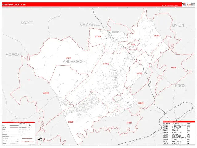 Anderson County, TN ZIP Code Wall Map, RedLine style