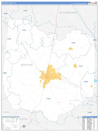 Bedford County, TN Business Reference style ZIP Code wall map