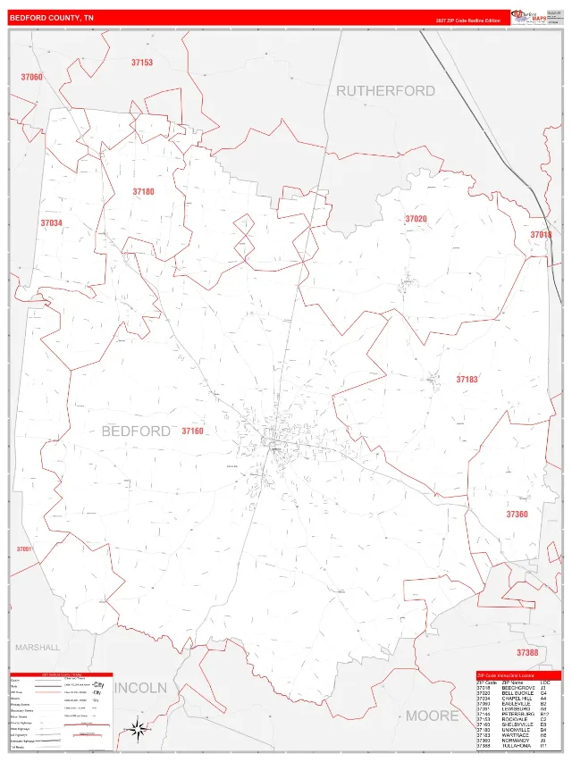 Bedford County, TN ZIP Code Wall Map, RedLine style