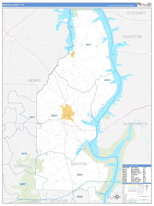 Benton County, TN ZIP Code Wall Map, Business Reference style